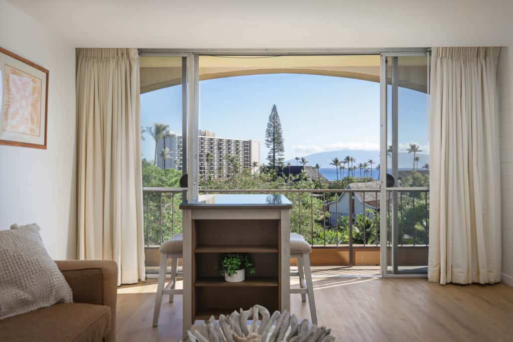 looking out to the ocean view from the condo studio living room