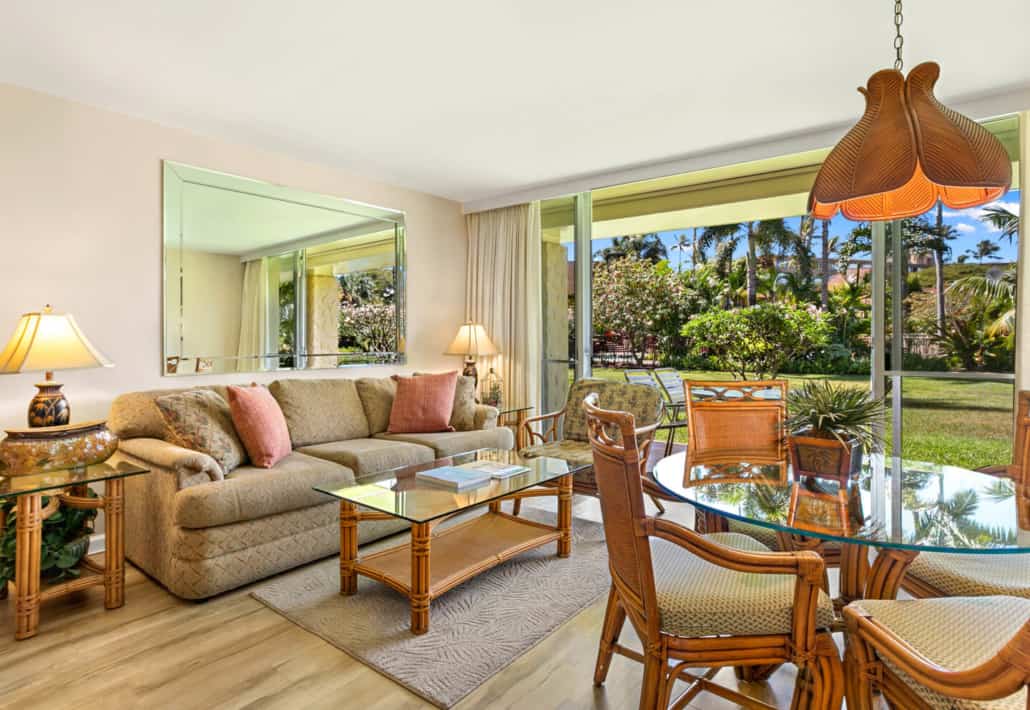 living room space with seperate dining area for four and covered outoor seating for four