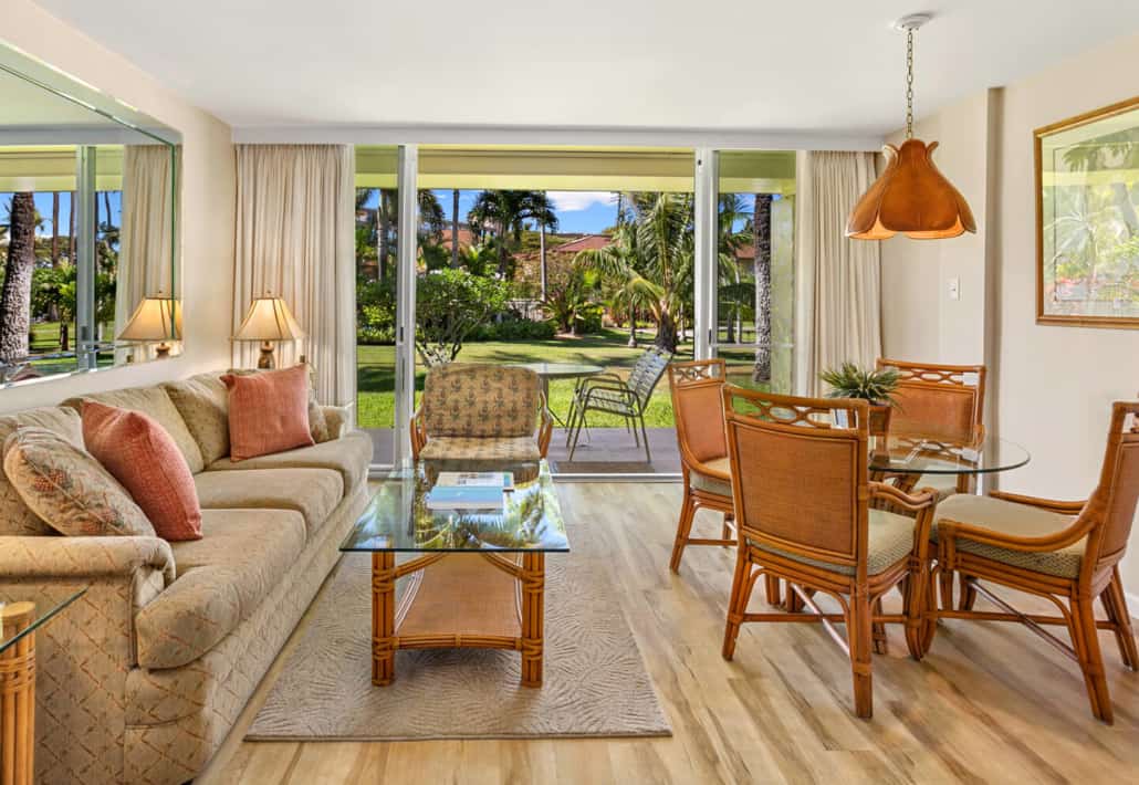 living room space with seperate dining area for four and covered outoor seating for four