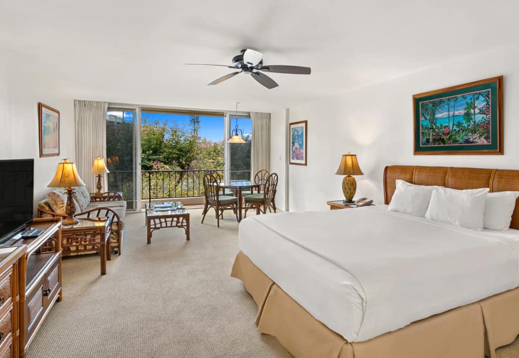 stuido with a bed, dresser with television adn a separate living room and separate dining area