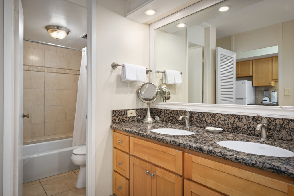 tub and shower combo with two basin in-suite bathroom setting
