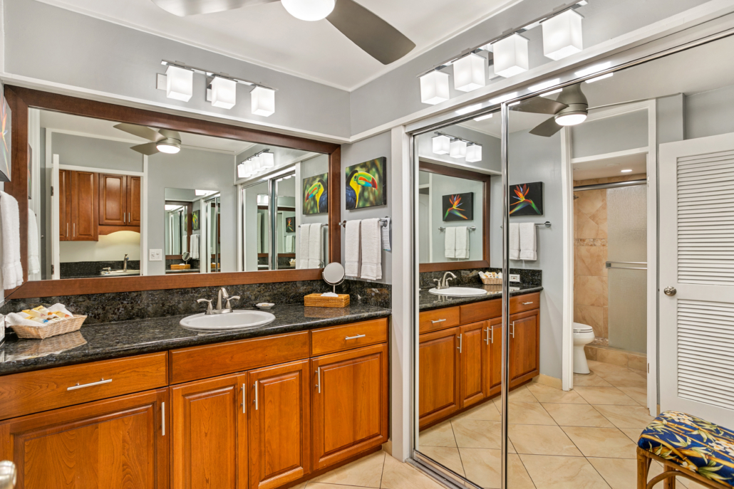 bightly lite bathroom with walk-in shower and full counter top with single basin