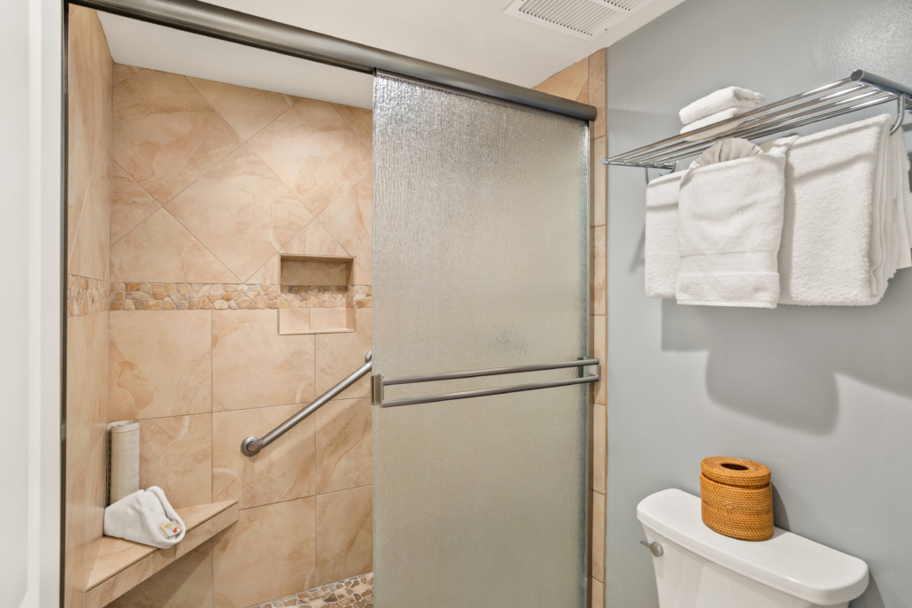 walk-in shower with glass doors