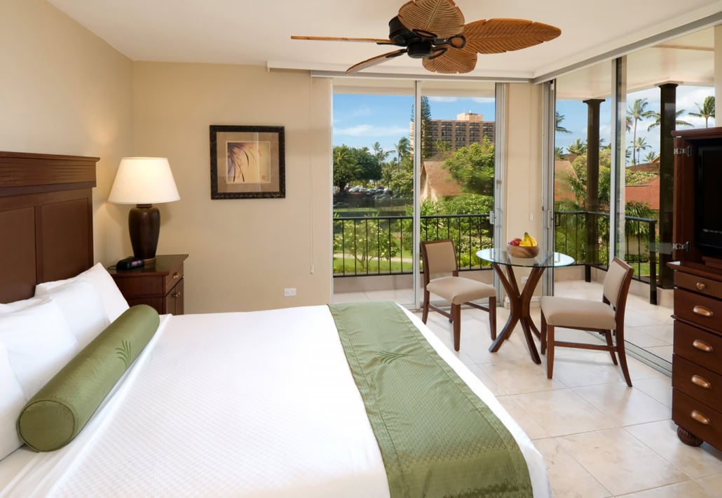 hotel room with bed, dresser vand views of the surrounding area
